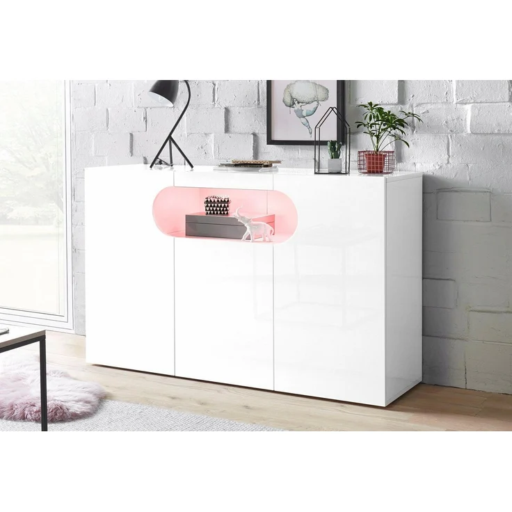 INOSIGN Sideboard Real,Vitrine,Kommode,Schrank,Breite 130 cm komplett hochglanz lackiert, mit 3 Türen davon 2 abgerundet, die ein ovales offenes Fach bilden – Bild 1