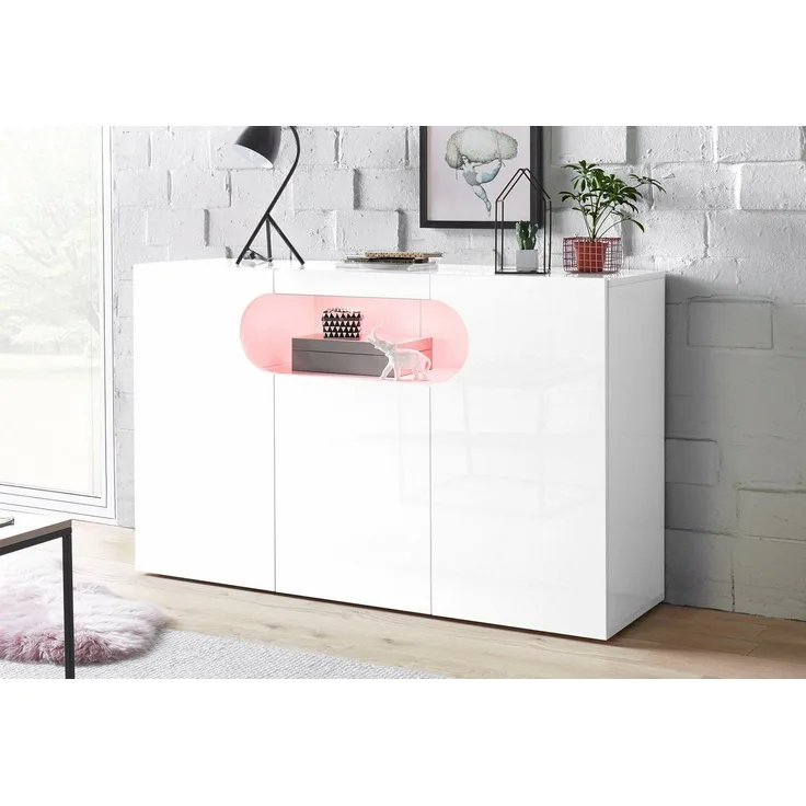 INOSIGN Sideboard Real,Vitrine,Kommode,Schrank,Breite 130 cm komplett hochglanz lackiert, mit 3 Türen davon 2 abgerundet, die ein ovales offenes Fach bilden