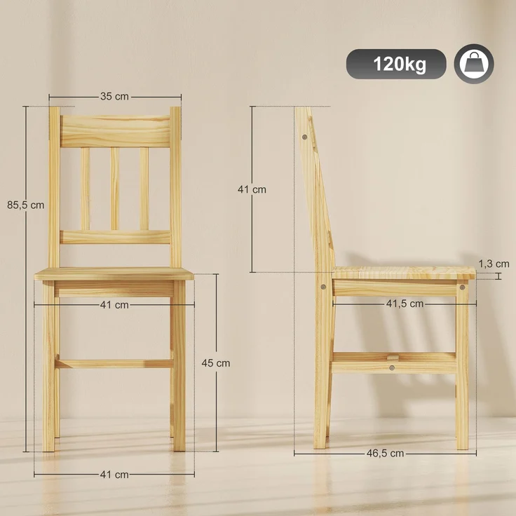 MELAYR, Set, mit, 2, Esszimmerstühlen, und, Küchenstühlen, aus, Holz, mit, Rückenlehne, 41 x 46,5 x 85,5 cm, Naturholz – Bild 5
