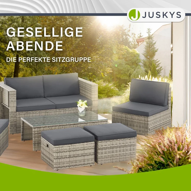 Juskys Polyrattan Gartenmöbel Set Salou - Outdoor Lounge wetterfest 6 Personen - Sitzecke mit Tisch & Kissen für Garten, Balkon, Terrasse - Grau – Bild 7