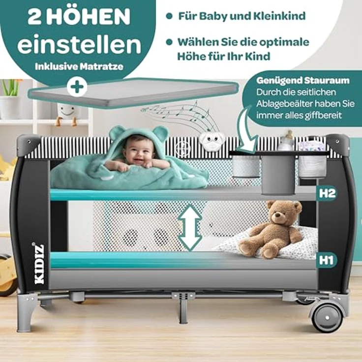KIDIZ® Babybett Reisebett Kinderreisebett Faltbar mit Matratze 120x60, Seiteneingang, Wickelauflage, Mosktionetz, Spielbogen & Tragetasche Baby Beistellbett Kinderbett ab Geburt bis 15 kg Schwarz – Bild 4
