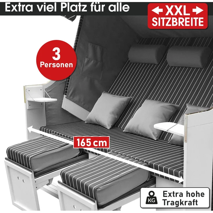 'Brast' 3-Sitzer Strandkorb gestreift XXL inkl. Schutzhülle, Poly-Rattan anthrazit/grau, 160 cm – Bild 3