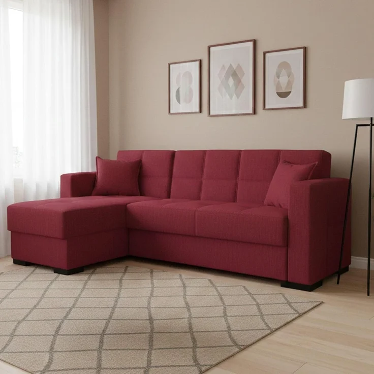 Dmora - Schlafsofa mit Halbinsel Fernando, Wende-Ecksofa, Wohnzimmersofa mit Chaiselongue und 2 Kissen, 230 x 150 x 81 cm, Rot