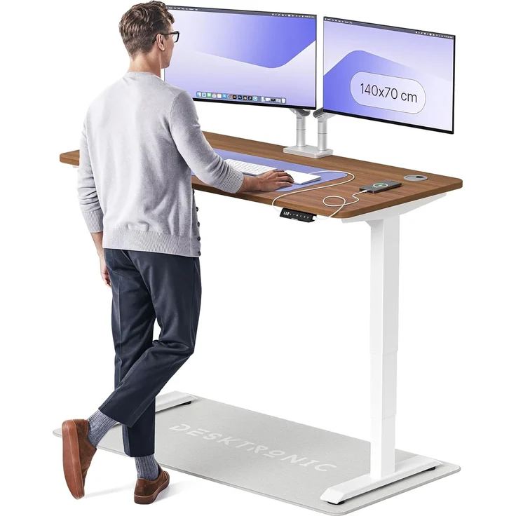 Höhenverstellbarer Schreibtisch - Höhenverstellbar Elektrisch mit Flüsterleisem Dual-Motor & Touchscreen - Hohe Tragfähigkeit - Stehtisch von Desktronic, Weiß + Nussbaum, 140x70 cm – Bild 1