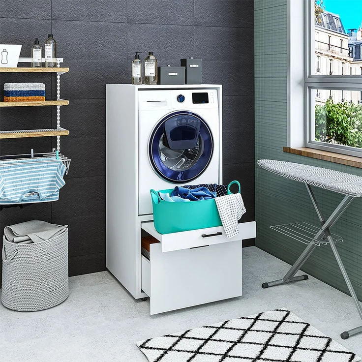 Roomart Waschmaschinenschrank für Hauswirtschaftsraum – SERIE 2 - 67 cm breit, Überbauschrank mit Schublade & Ausziehbrett • Weiß – Bild 2