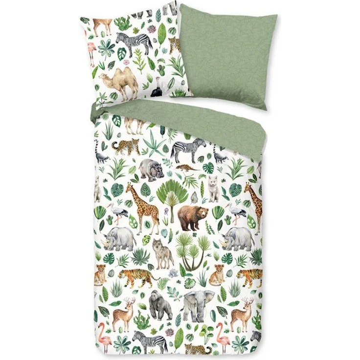 good morning Babybettwäsche Samba, Renforcé, 2 teilig, 100% Baumwolle, 120x150, Reißverschluss, Wendeoptik, Baby, Tier, Grün – Bild 4