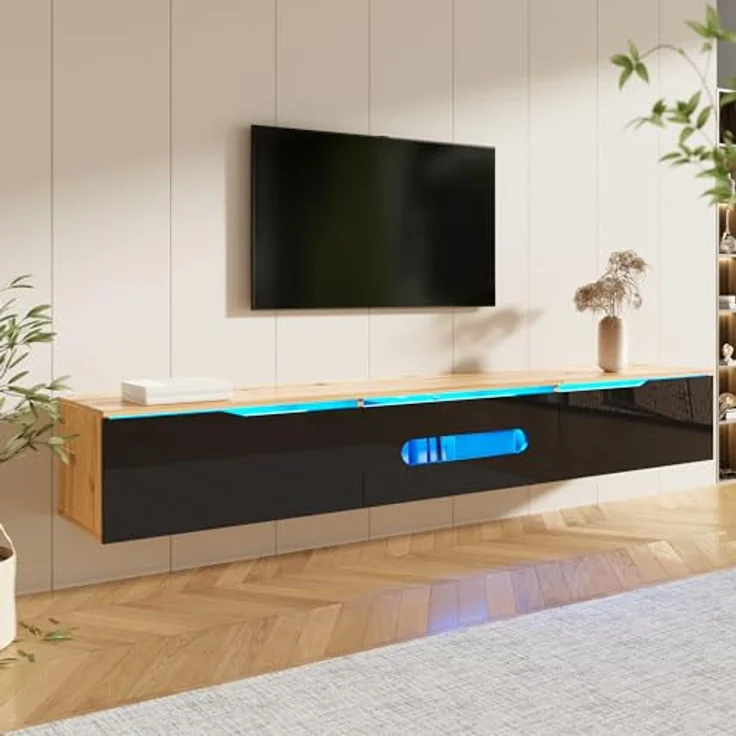 Ball & Cast TV Board Hängend & Stehend mit 3 Staufächern und integrierter Beleuchtung, 180 x 35 x 30 cm, Schwarz + Original Holzfarbe – Bild 6