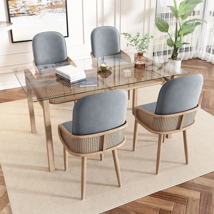 Merax Esszimmerstuhl aus Samt, 6er-Set, Rattan-Design, Wohnzimmer, Schlafzimmer, Mit vier Metallbeinen (Holzmaserungseffekt), Grau – Bild 3