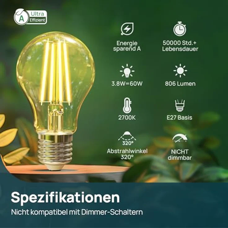 Linkind Ultraeffiziente E27 Lampe Vintage, 3,8W=60W, 2700K Warmweiß mit Energie Klasse-A, Filament A60 Edison 806 Lm, 320°Abstrahlwinkel, Klar, 2 Stück – Bild 3