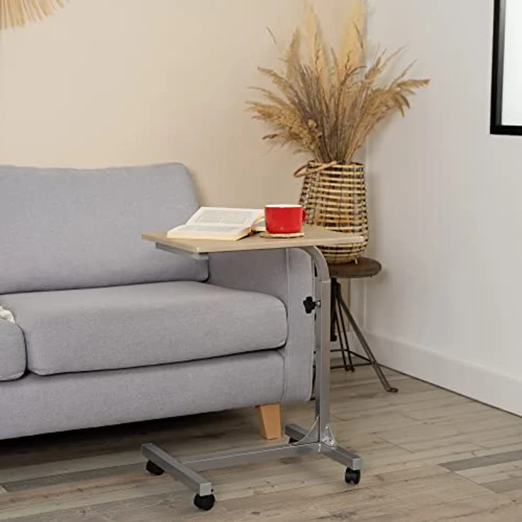 MEUBLE COSY Laptoptisch Höhenverstellbar mit Rollen Laptopständer Beistelltisch Sofatisch Nachttisch, Gestell aus Metall, Tischplatte aus Holz, Eiche, 48 x 37 x 79 cm – Bild 3