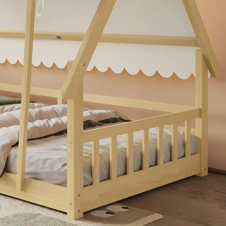 Hausbett mit Lattenrost und Zelt, 90x200 cm, Kinderbett mit Zaun, Holzbett, Einzelbett, Kiefer – Bild 6