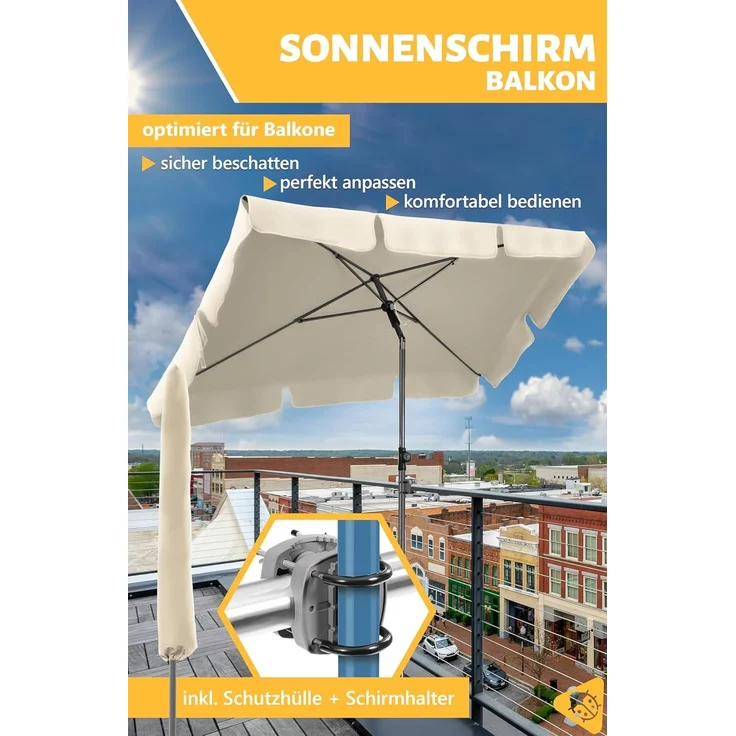 Menz Sonnenschirm Balkon - 3-IN-1 Sonnenschutz Balkon SET in Beige, UPF 50+ Sonnenschirm rechteckig 200x125 cm + Sonnenschirmhalter Balkongeländer + Sonnenschirmhülle – Bild 2