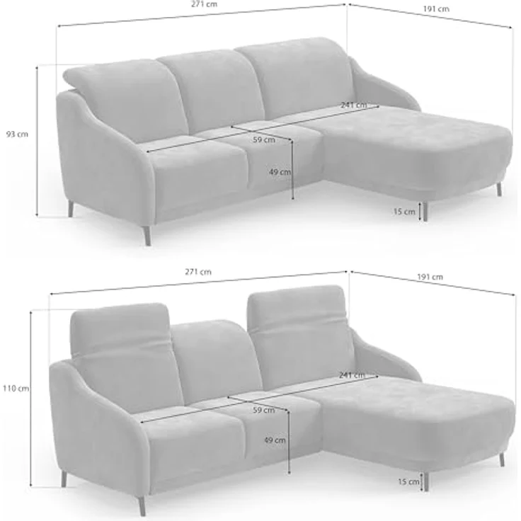 CAVADORE Ecksofa Blue/Moderne Eckcouch mit Longchair, inklusiv Kopfteilverstellung und mattschwarzen Metallfüßen / 271 x 93 x 191 / Mikrofaser, Mittelgrau – Bild 3