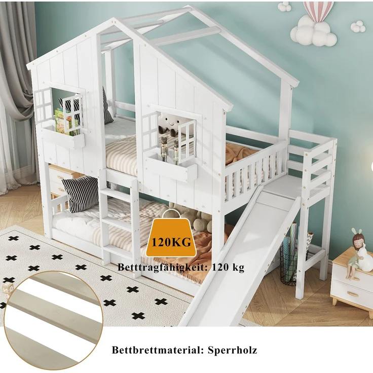 Merax Etagenbett, Kinderbett, Mit Kinderrutsche, Mit Dach und Fenster, mit Fallschutzgitter, mit dreistufiger Leiter, Kiefer+MDF, Weiß, 90x200cm – Bild 6