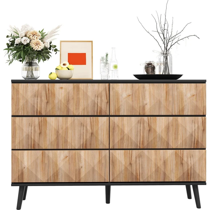 DESVIAE Sideboard mit 6 Schubladen 120x85x40 cm aus MDF und Spanplatte Schwarz/Natur – Bild 7