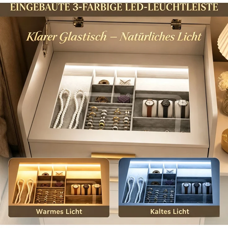 EINHOM Multifunktionaler Schminktisch mit LED-Spiegel, Verwandelt sich in Schreibtisch oder Nachttisch, inkl. Hocker mit Stauraum, Vanity-Tisch – Bild 6