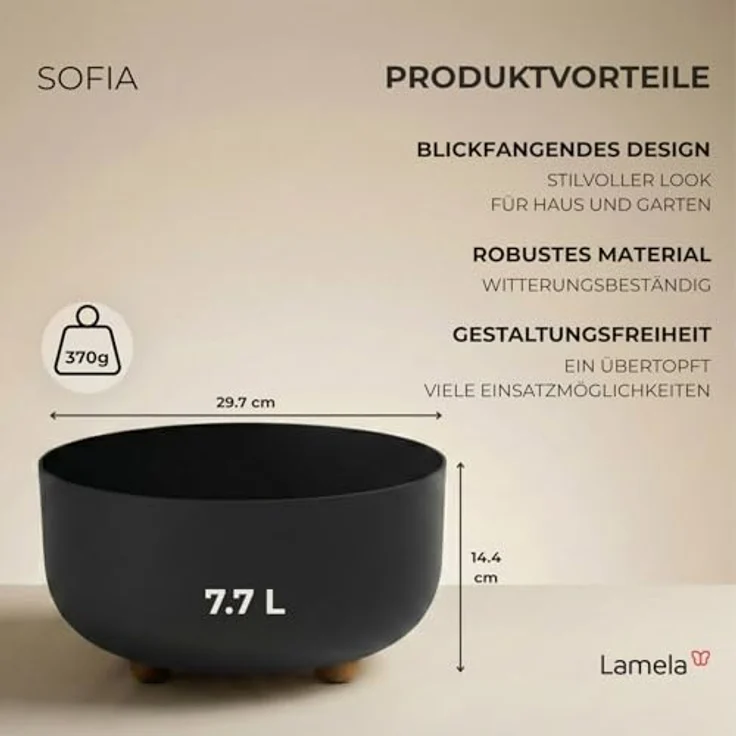 LAMELA Kunststoff Blumentopf rund mit Füßen, Ø 30 cm, 7,7 L - Schwarz – Bild 2