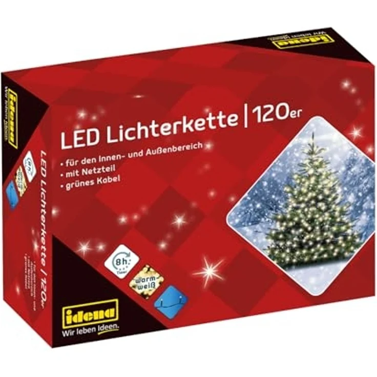 Idena 8325097 - LED Lichterkette mit 120 LEDs in Warmweiß, mit 8 Stunden Timer Funktion und Transformator, ca. 19,9 m lang, Deko für Innen & Außen, als Party Deko, Weihnachtsdeko, zur Hochzeit – Bild 1