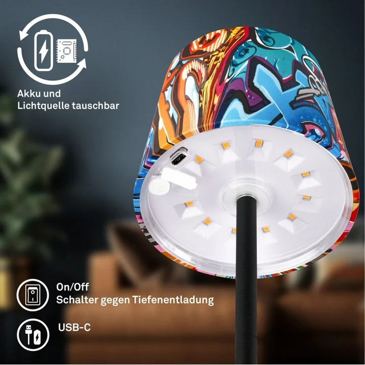 BRILONER - LED Tischlampe kabellos IP44 mit Touch, dimmbar in Stufen, Spritzwasserschutz, Nachttischlampe, Leselampe, LED Lampe, Campinglampe, Tischleuchte, Outdoor Lampe, 26x10,5 cm, Graffiti Motiv – Bild 2