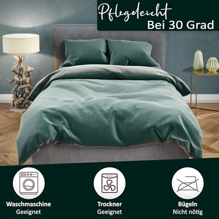 Moderne Plüschbettwäsche mit Reißverschluss - einfarbig, wendbar & warmhaltend Grün 155x220cm + 80x80cm Kissenbezug – Bild 5
