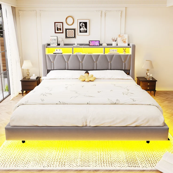 U-life Polsterbett 180x200 cm, fürs Schlafzimmer, klappbar, LED-Beleuchtung, Gepolstertes Kopfteil, Verbreiterte Bettbeine, Sperrholz, Hellgrau – Bild 3