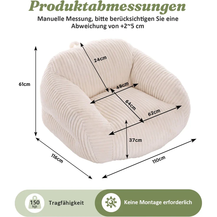 Sitzsack für Erwachsene, flauschiger Loungesessel Cord, vakuumverpackt und montagefrei, für Wohnzimmer, Schlafzimmer, Balkon(Beige)--Beige--116x110x61cm--YOUDENOVA – Bild 3