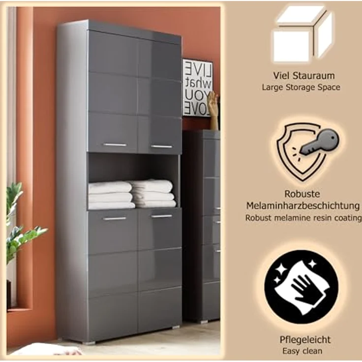Trendteam 'Amanda' Hochschrank, Holz, Grau Hochglanz, 190 x 31 x 73 cm – Bild 9