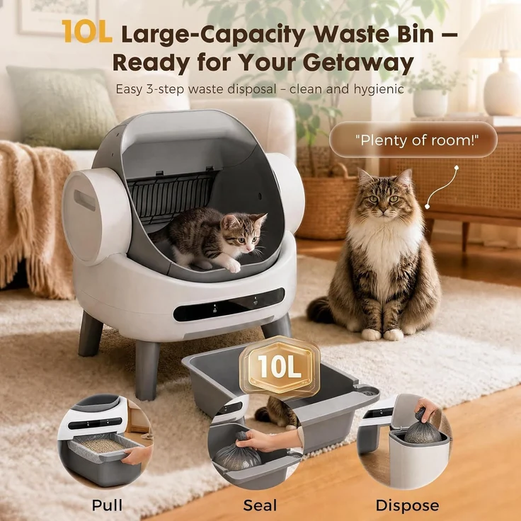GTPLAYER Selbstreinigende Katzentoilette, 10L Großer Abfallbehälter, APP Steuerung mit Display und Antiklemmfunktion, Geeignet für alle Katzenstreu, Leise für Katzen 1.5-12.5kg – Bild 2