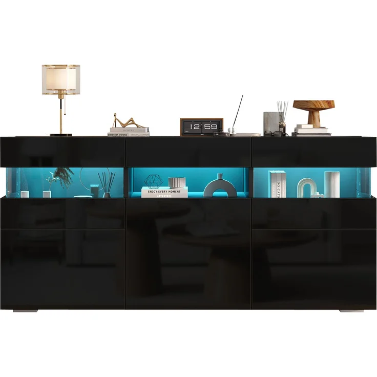 Merax 140cm Wohnzimmer-Sideboard, Kommode mit 3 Türen, Hochglanz-Wohnzimmerschrank mit LED-Lichtleiste, Transparentes Acrylgehäuse, Schrank mit 7 Ablagefächern, Schwarz – Bild 10