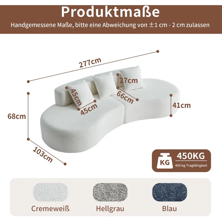 DESVIAE Sofa 3-Sitzer mit Kissen 277x68x103 cm Samtstoff Weiß – Bild 10
