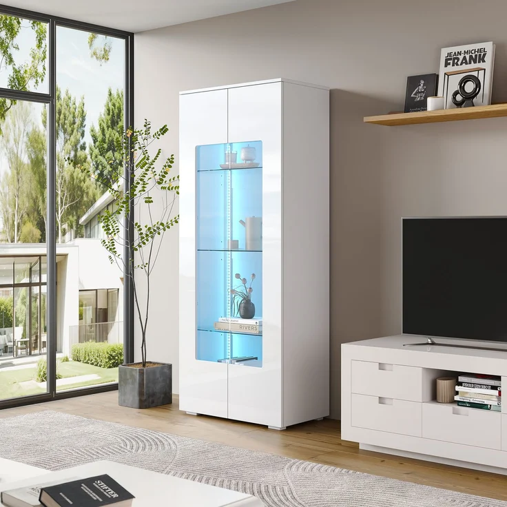 70*40*173cm Wohnzimmervitrine,Vitrine mit 2 Acryltüren,Hochglanzvitrine mit LED-Lichtleiste,Tragender Schrank aus gehärtetem Glas,Wohnzimmer breiter Schrank, Hochschrank,MDF, weiß – Bild 6