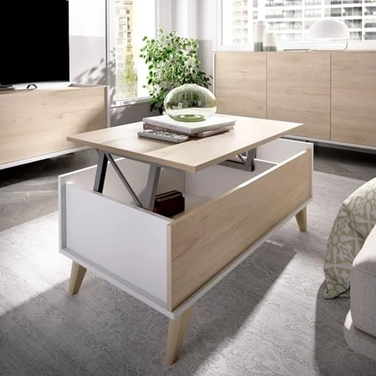 Dmora - Cuna Couchtisch, Wohnzimmer-Zeitungsständer mit Ablagefach, niedriger hochklappbarer Couchtisch, 99 x 60 x 41 cm, Eiche und Weiß – Bild 4