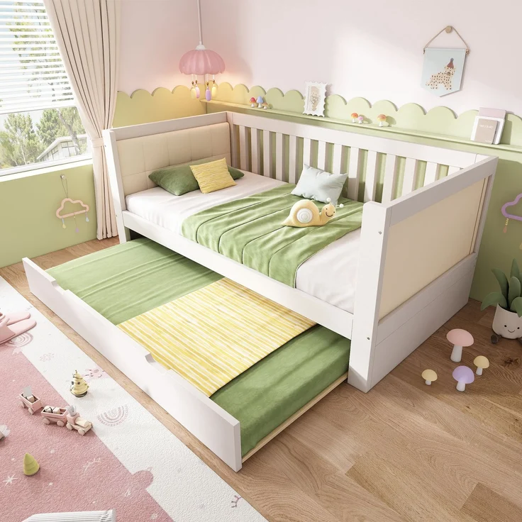 EINHOM Tagesbett 90x190 cm mit Ausziehbett 90x190 cm, Platzsparendes Design, Holz, Ideal für Kleine Apartments oder Gästezimmer, Lattenrost, Einfache Montage, Weiß, (Ohne Matratze) – Bild 2