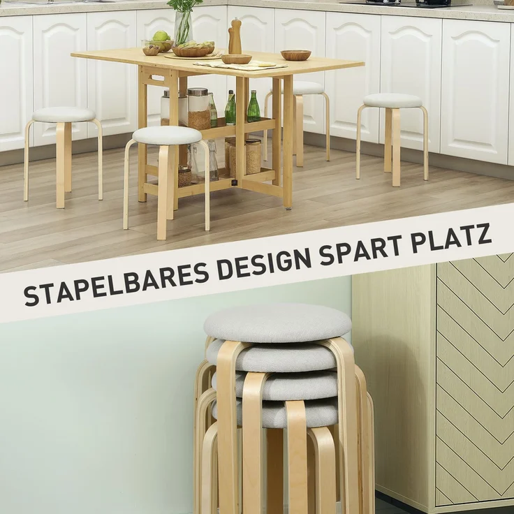 Polsterhocker im 4er-Set, stapelbar, lackierte Oberfläche, Holzbeine, Cremeweiß--Cremeweiß--45x40x40cm--YOUDENOVA – Bild 6
