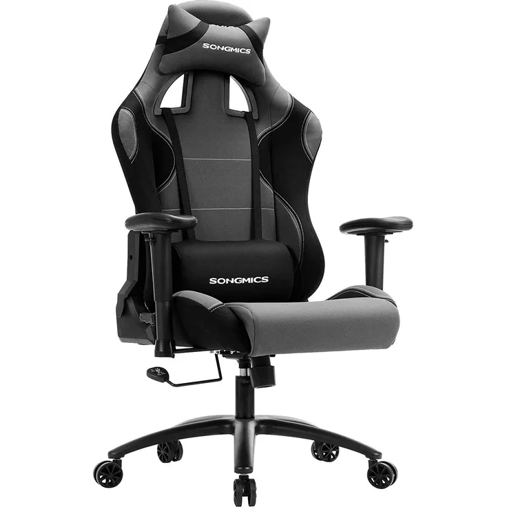 Songmics Bürostuhl Gaming Stuhl mit hoher Rückenlehne Formschaum gepolsterte Sitzschale verstellbare Kopfkissen und Lendenkissen für Soho- oder Büroarbeit, schwarz-grau, RCG02G