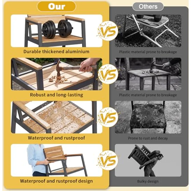 JUMMICO Gartenstuhl 4er Set, klappbar mit breiter Rückenlehne & Voll-Aluminium, Holzoptik – Bild 6