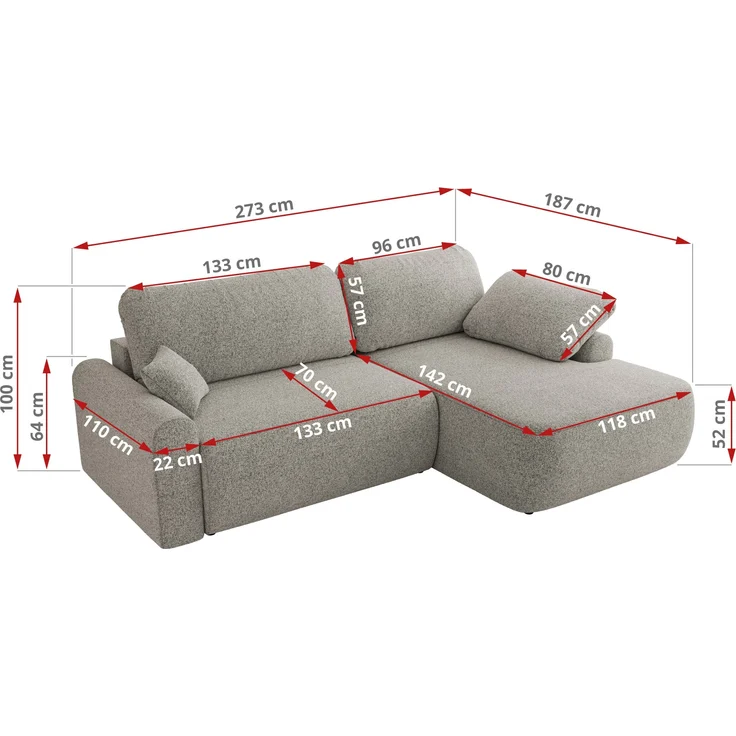 Ecksofa, L-förmiges, lose Kissen, DL-Schlaffunktion, (H 100 x T 187 x B 273 cm) - CUBO L - Struktur Hellgrau - linke Seite – Bild 6