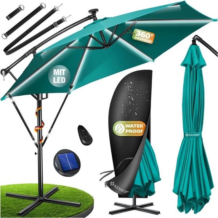 KESSER® Alu Ampelschirm LED Solar + Abdeckung mit Kurbelvorrichtung UV-Schutz Aluminium mit An-/Ausschalter Wasserabweisend - Sonnenschirm Schirm Gartenschirm 350cm, Petrol Grün – Bild 4