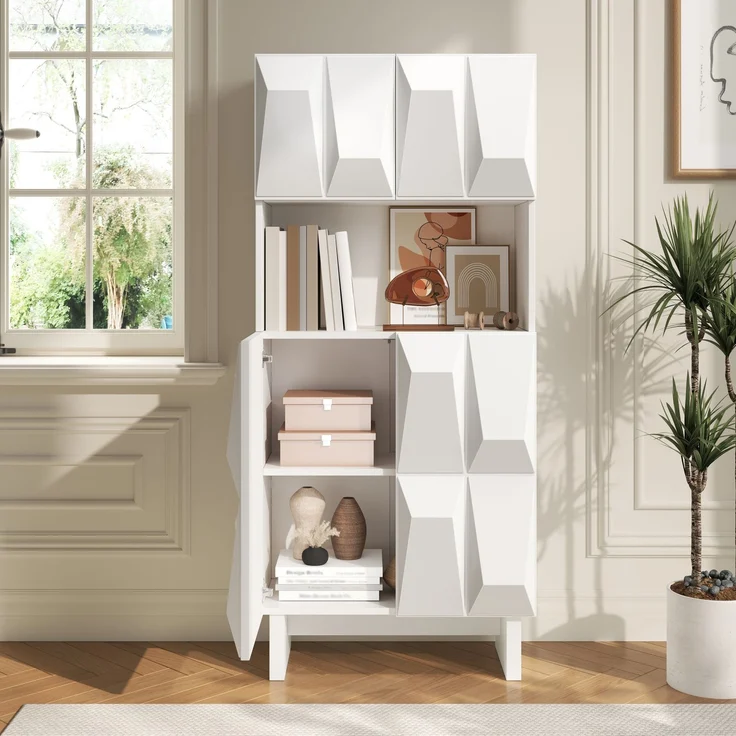 Vitrine Display Schrank Hochschrank Spanplatte Relief 4 Türen offenes Fach verstellbarer Boden Wohnzimmer Arbeitszimmer--Weiß--60.5x34x135.5cm--YOUDENOVA – Bild 8