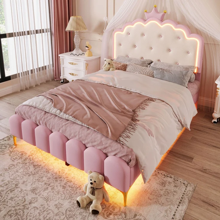 Prinzessinnenbett Kinderbett 140x200 rosa mit LED-Ambientebeleuchtung Metallfüße Kunstleder Polsterbett – Bild 1