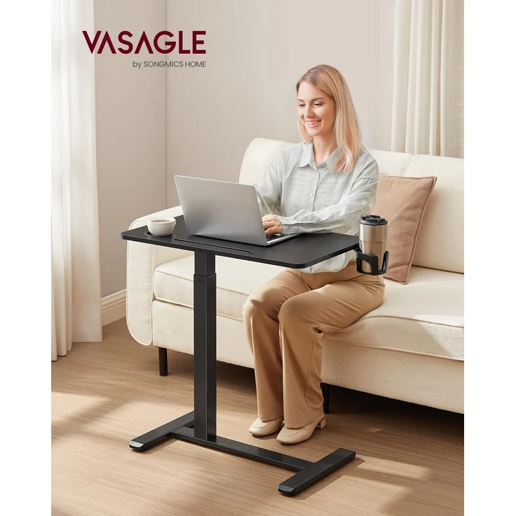 VASAGLE Beistelltisch mit Rollen, mobiler Stehtisch, 70x40 cm große Tischplatte, verstellbare Höhe, 2 Getränkehalter, Schlitz für Handy oder Tablet, tintenschwarz LSD600B01 – Bild 3