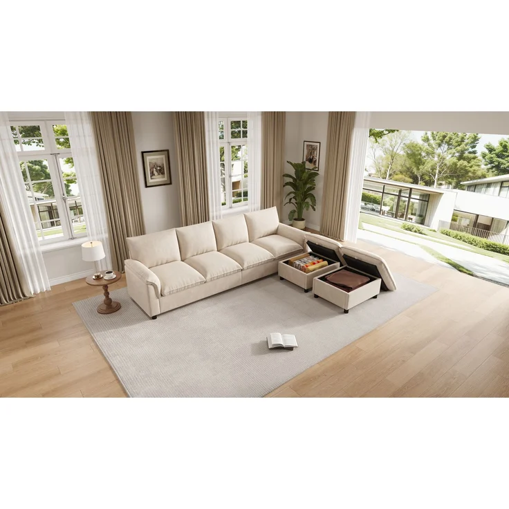 ZUBALIYA Modulare Wohnlandschaft, mit Stauraum, modular kombinierbar, mit Hocker, H 84 × T 142.5 × B 264.5 cm, Beige, Chenille – Bild 19