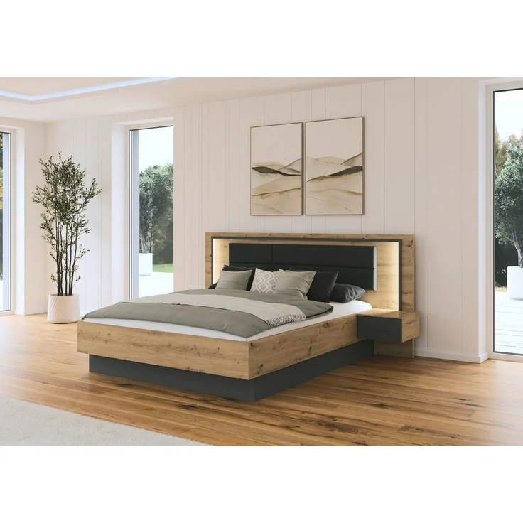 rauch Bettanlage Bett Doppelbett Komortbett BILBAO-EXTRA, (Set, 3-tlg, Liegefläche 160x200 oder 180x200 cm), Polster-Kopfteil in Lederoptik basalt, mit Beleuchtung MADE IN GERMANY