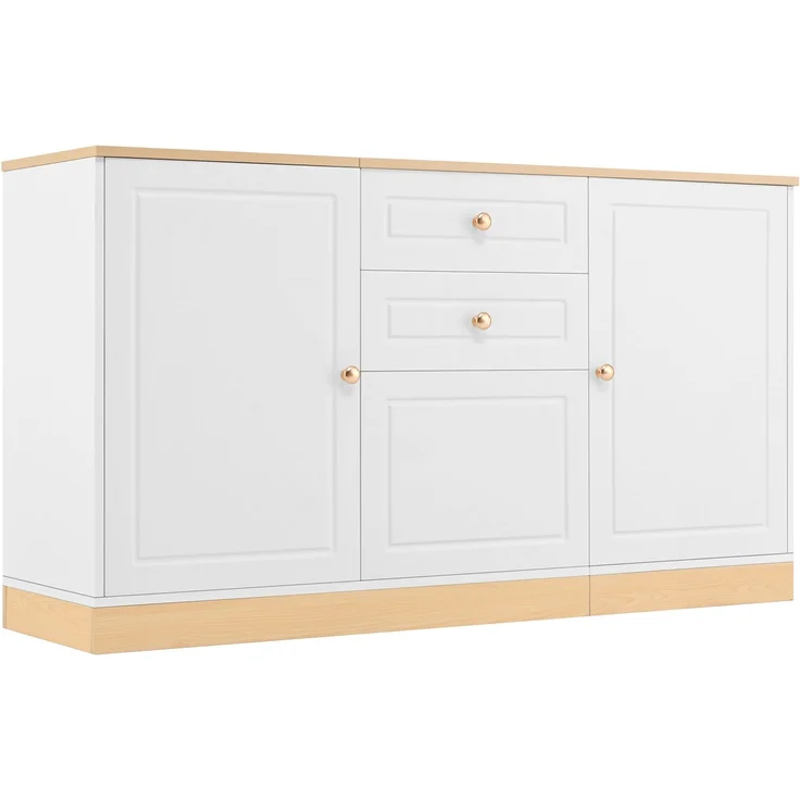 DESVIAE Sideboard mit 3 Türen und 2 Schubladen 135,5x76x39 cm Spanplatte Weiß/Holzoptik – Bild 8
