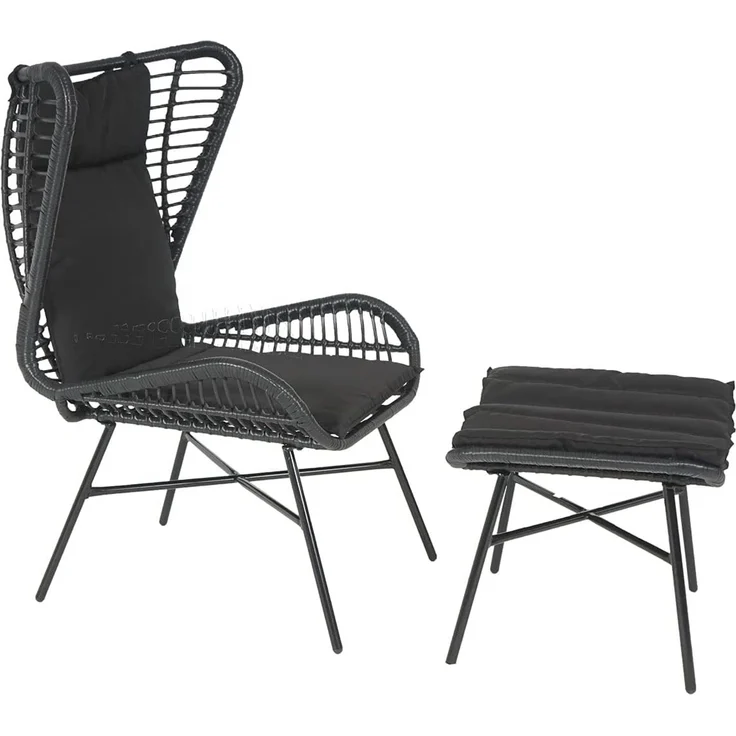 Poly-Rattan Set HWC-G17b, Balkon-Set Gartengarnitur Sitzgruppe Stuhl+Hocker Sessel, Seil ~ anthrazit, Kissen anthrazit – Bild 3