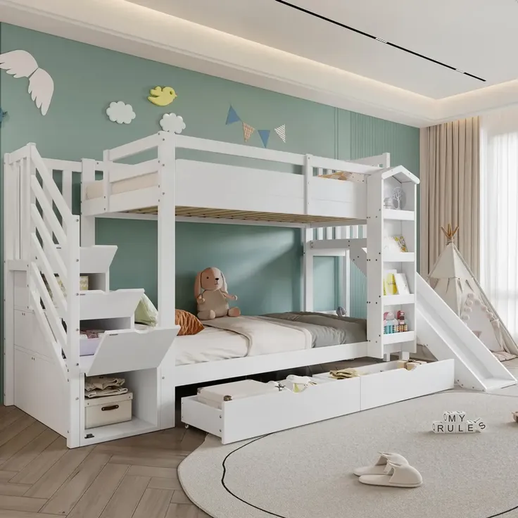 Etagenbett mit 2 Liegeflächen, Rutsche, Treppe, Regal, Schubladen, Stauraum und Rausfallschutz, 90x200cm, Kinderbett, Jugendbett, Kiefer – Bild 2