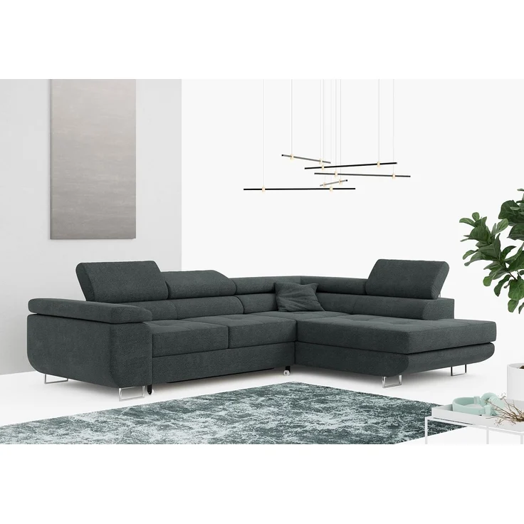 Ecksofa L-Form Couch mit Schlaffunktion und Verstellbare Kopfstützen - GUSTAW - Dunkelgrau Stoff - Rechts – Bild 1