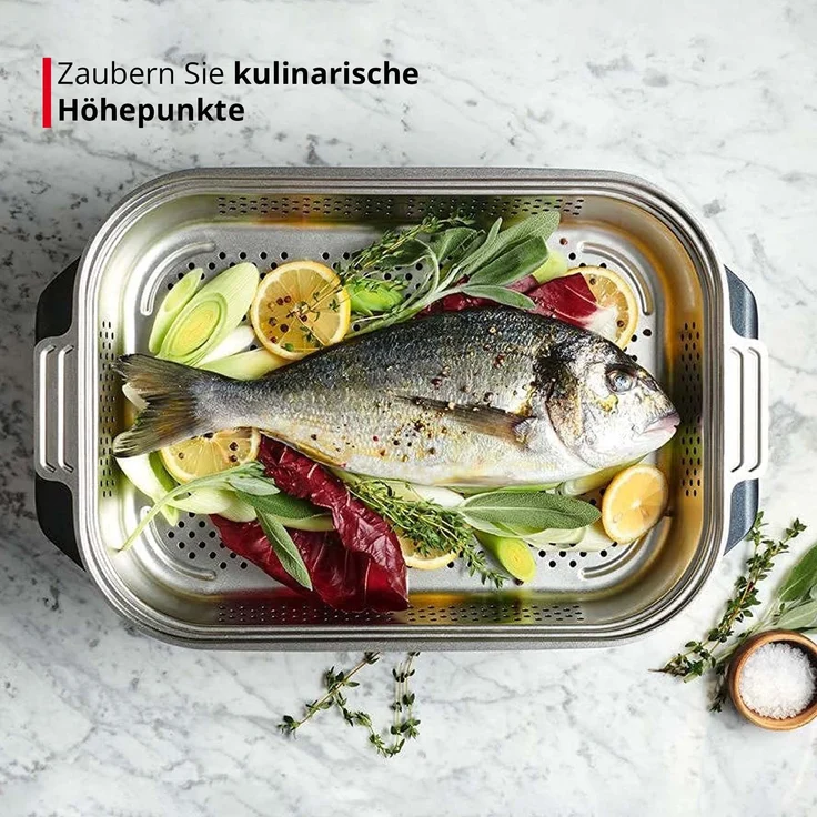 MEISTERKOCH Profi-Bräter 7,5 l mit Glasdeckel, eckig, schwarzer Alu-Guss, Induktion-geeignet mit Dämpfeinsatz, backofengeeignet bis 300°C, spülmaschinengeeignet, Bratenthermometer – Bild 6