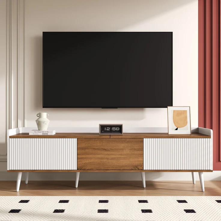 Stilvoller TV-Schrank mit 3 Türen – 160 cm, Weiß und Naturholz, stabil und geräumig, 160x39x49.5cm – Bild 2
