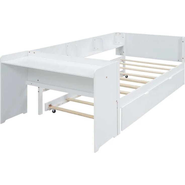 Multifunktionales Kinderbett 90x200 cm mit ausziehbarem Rollbett, Schreibtisch und Regalen, robustes Holz – Bild 8